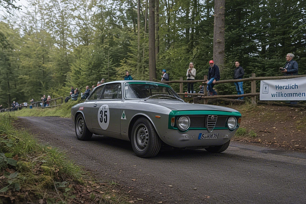 Restaurierter historischer Rennwagen auf der bewaldeten ehemaligen Solitude-Rennstrecke bei einem Oldtimer-Treffen