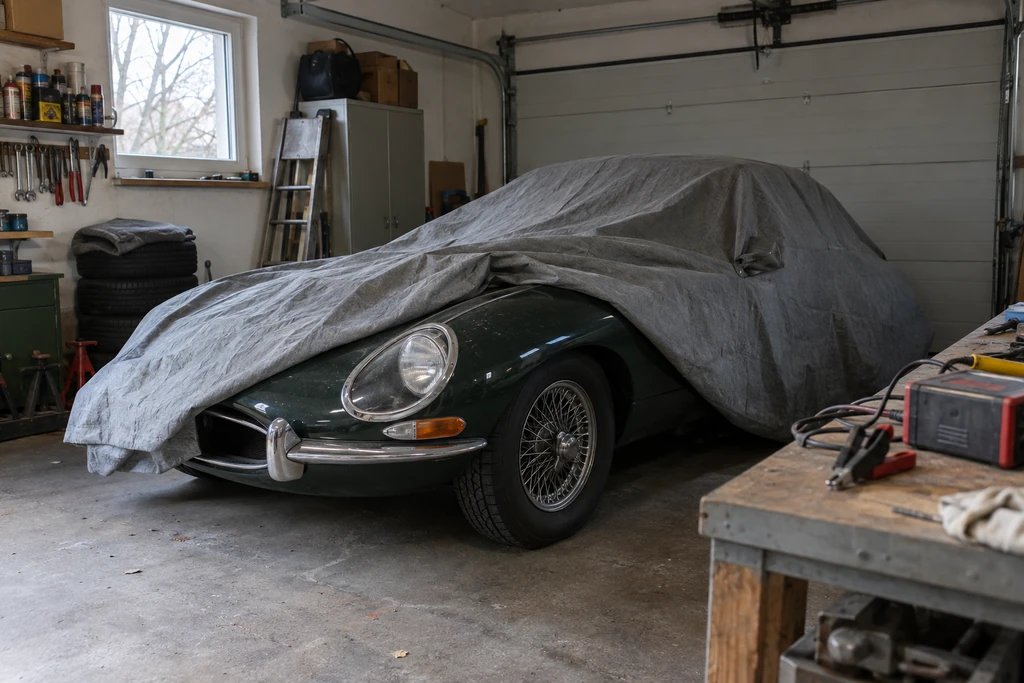 Oldtimer-Sportwagen mit Stoffabdeckung in einer Garage neben einer Werkbank